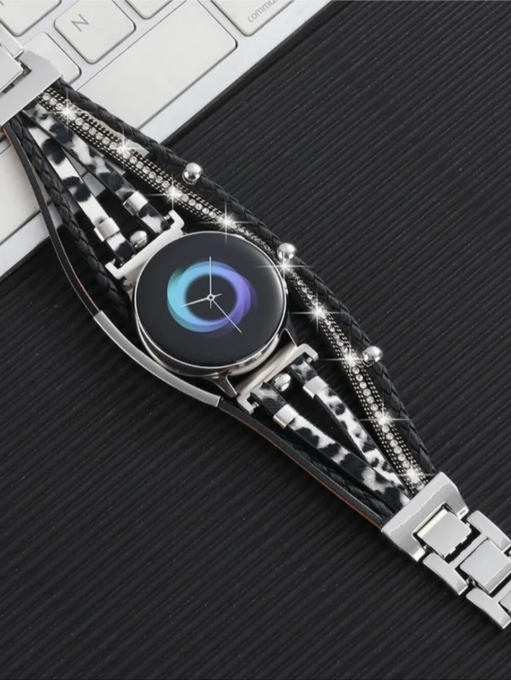 Galaxy Watch Band- Multi-strap Black & White Animal Print Fashion Bracelet